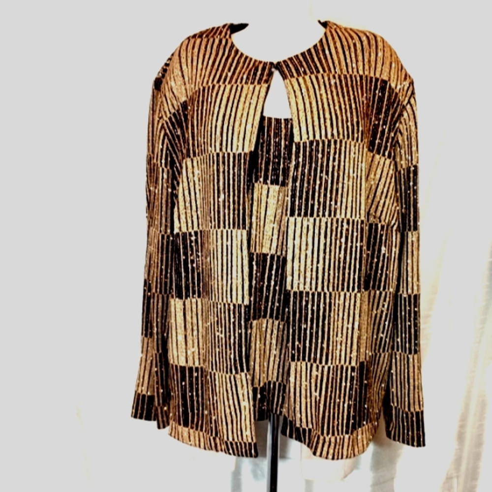 Xscape Gold Sparkle Sweater: 2Pc Cardigan  Seater+Tank Top, Woman, Metallic, 18